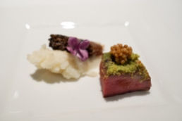 Indulgence 2015: Toast Fine Catering x Mo-Na Foods - Alberta lamb loin with ramp persillade crust, celery root puree, Alley Kat Amber ale pickled mustard seeds & smoked morel mushrroms filled with lobster mousseline